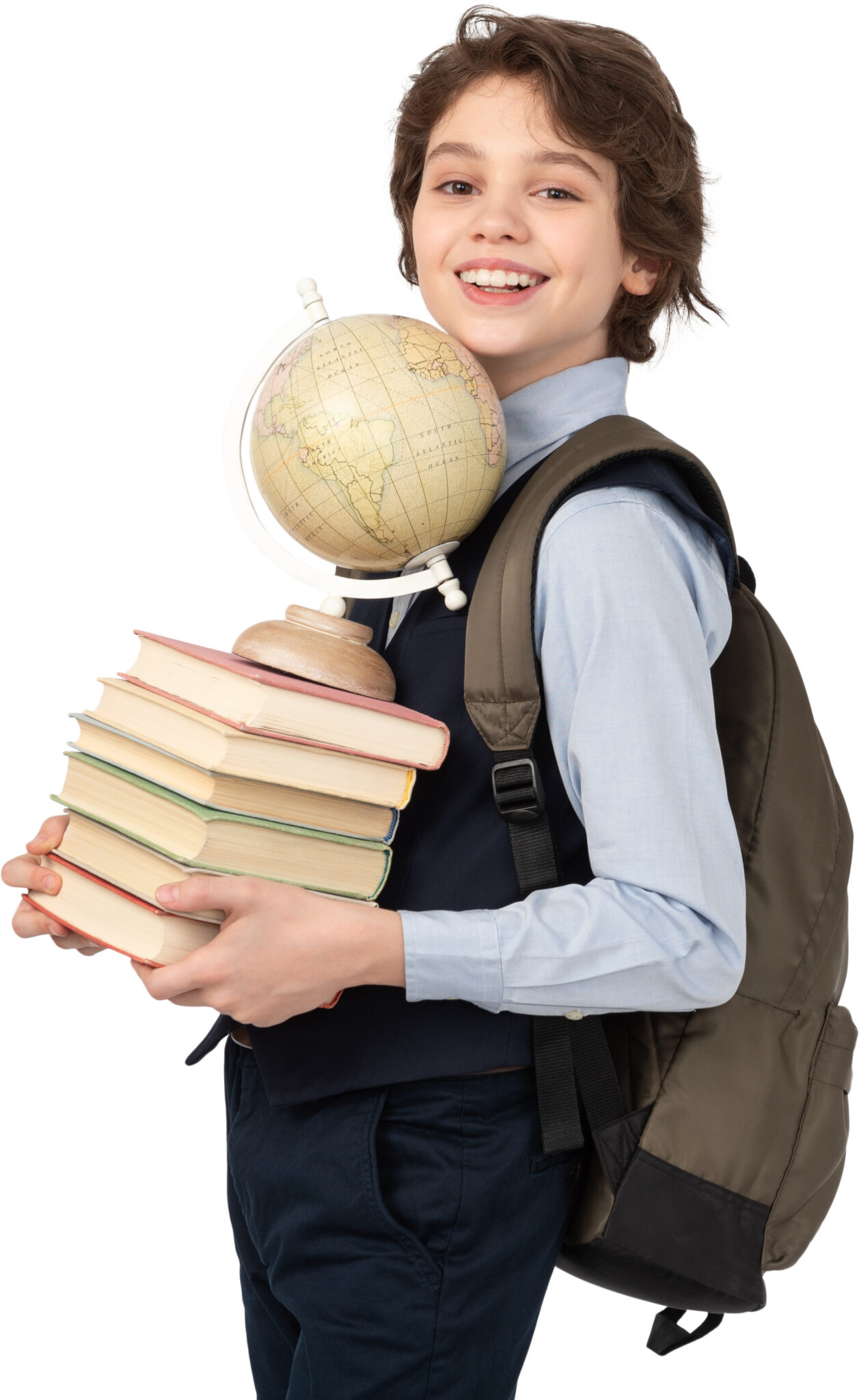 a young boy wearing a backpack holding books and a globe